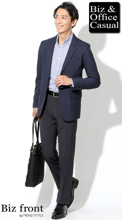 ネイビージャケット×ギンガムチェックシャツ×グレーギンガムチェックスラックス