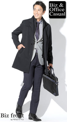 秋冬のブラックビジネスコートのコーディネート例