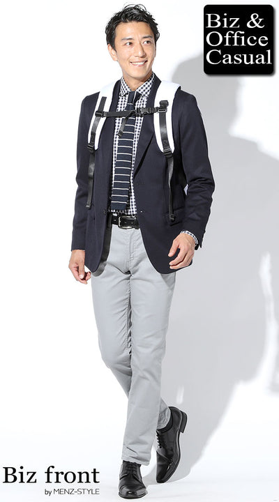 ネイビージャケット×ギンガムチェックシャツ×ボーダーニットタイ×グレースリムパンツ