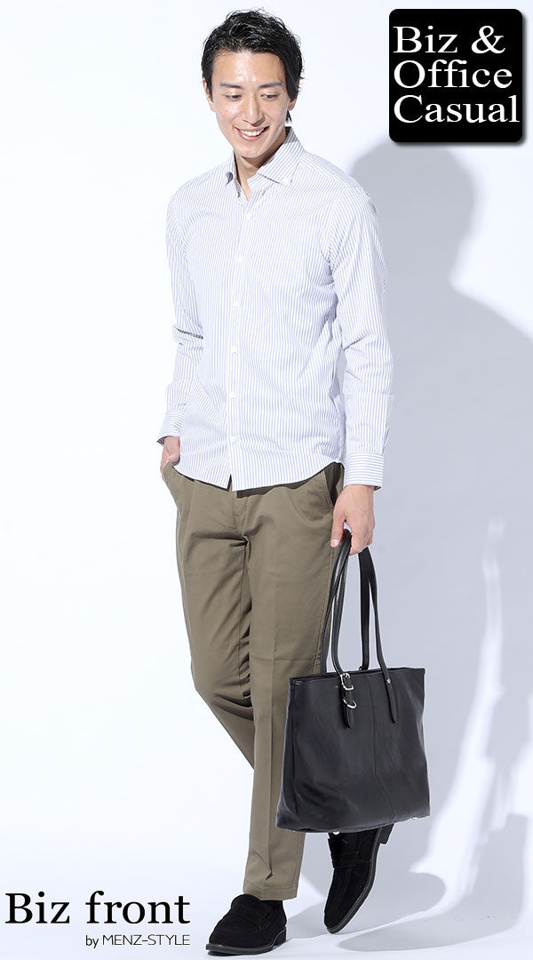 グレーストライプシャツ×カーキテーパードスラックスチノパン×黒スエードシューズ　biz21ss_3659