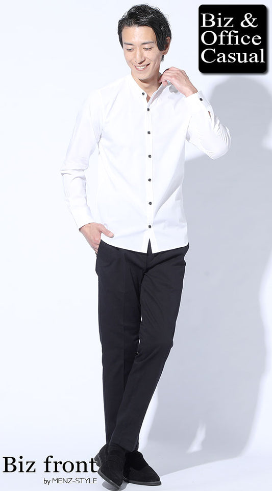 白バンドカラーシャツ×黒テーパードスラックスチノパン　biz21ss_4093