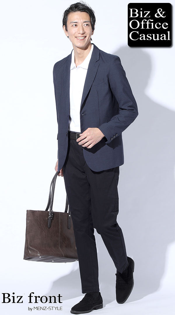 メンズの白ポロシャツとネイビージャケットを合わせた結婚挨拶向けコーディネート