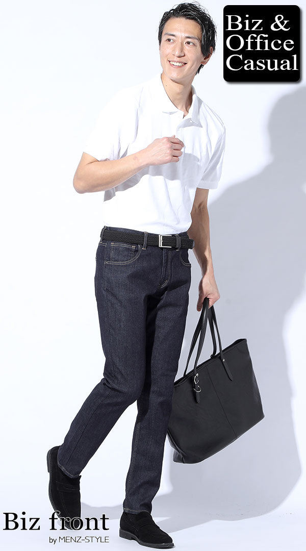 40代男性が白鹿の子ポロシャツとダークデニムを合わせたビジカジコーデ