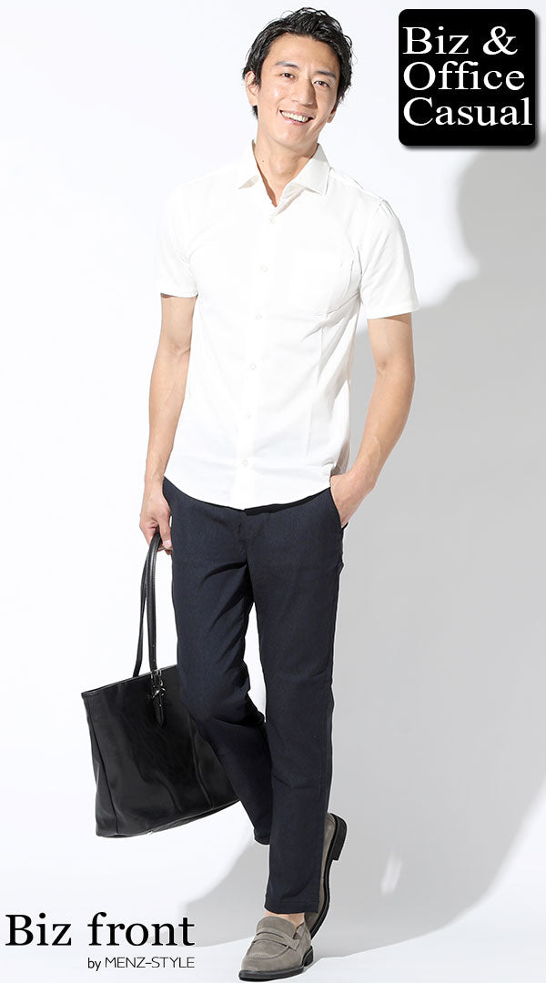 白半袖ストレッチシャツ×ネイビーストレッチアンクルパンツ×グレースエードシューズ×黒トートバッグ　biz21ss_4881