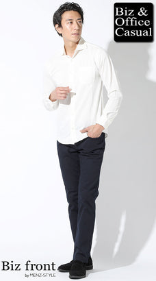 50代ぽっちゃり男性におすすめの白ストレッチシャツ×ネイビーパンツの清潔感オフィスカジュアル