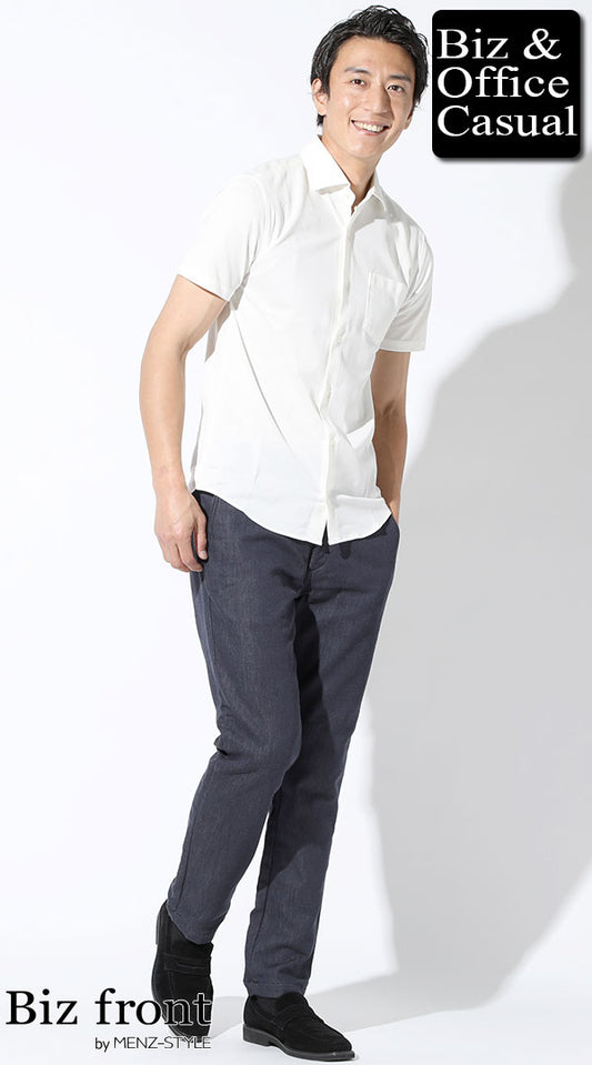 白半袖ストレッチシャツ×ネイビースウェットパンツ×黒スエードシューズ　biz21ss_5263