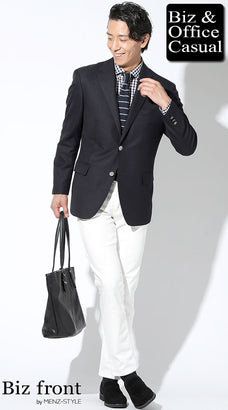 夏のネイビージャケットのコーデ例