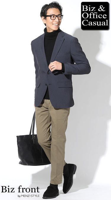 ネイビージャケット✕カーキパンツコーデ例