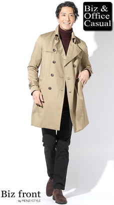 ベージュコート×赤タートルの華やかコーデ