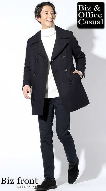 スマートカジュアル 男性 ジャケットなし 冬 白タートルネック×ピーコート コーデ 清潔感 大人 おしゃれ