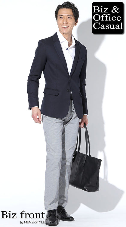 お見合い 服装 メンズ ネイビージャケット×グレースラックス スマートカジュアル 誠実で清潔感のあるコーディネート