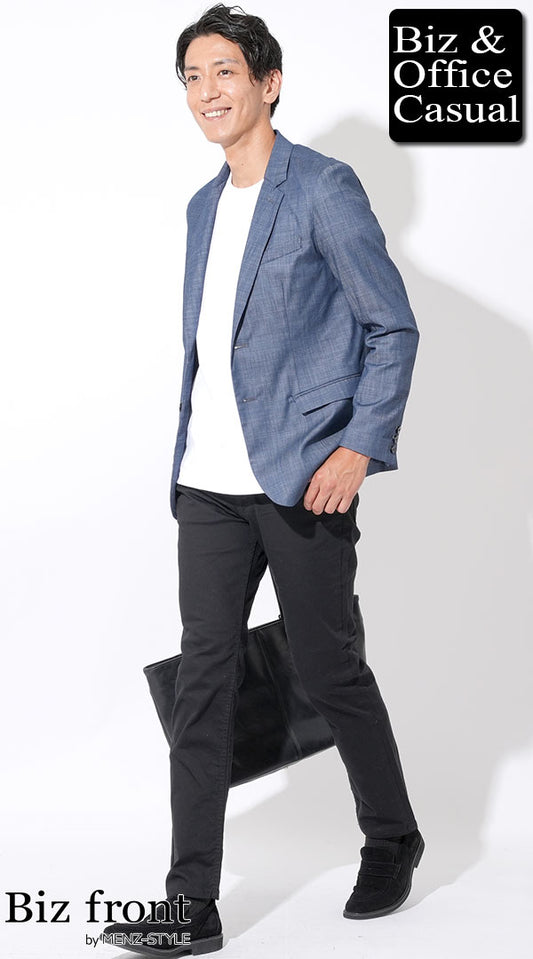 デニムテーラードジャケット×白襟高半袖Tシャツ×黒スリムストレッチチノパンツ×黒スエードシューズ　biz22ss_3119