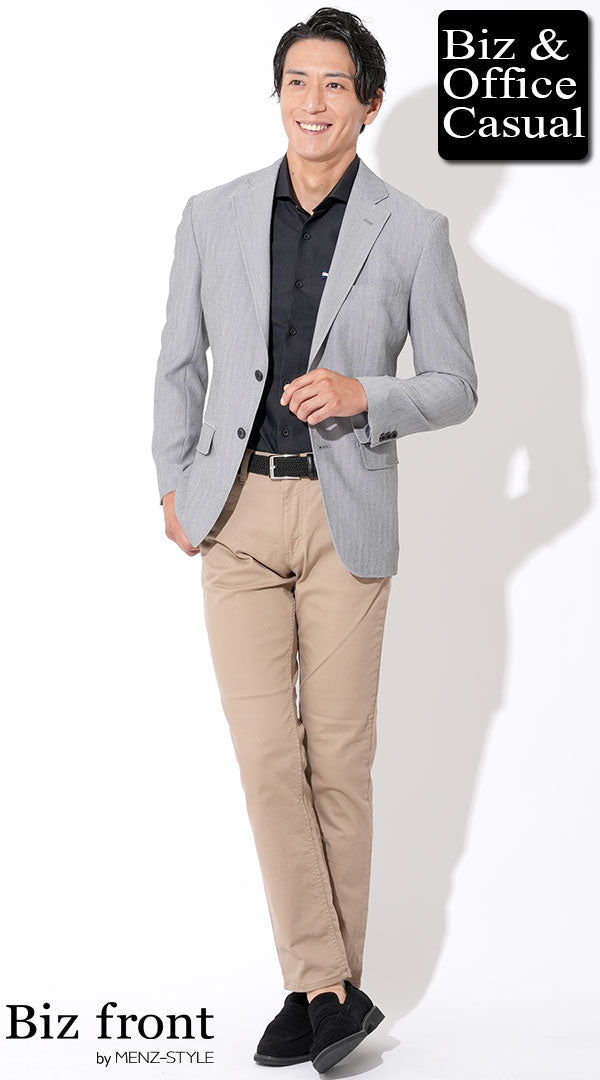 lt:メンズにおすすめの10月に黒ポロシャツとグレージャケットを合わせた知的な大人コーディネート