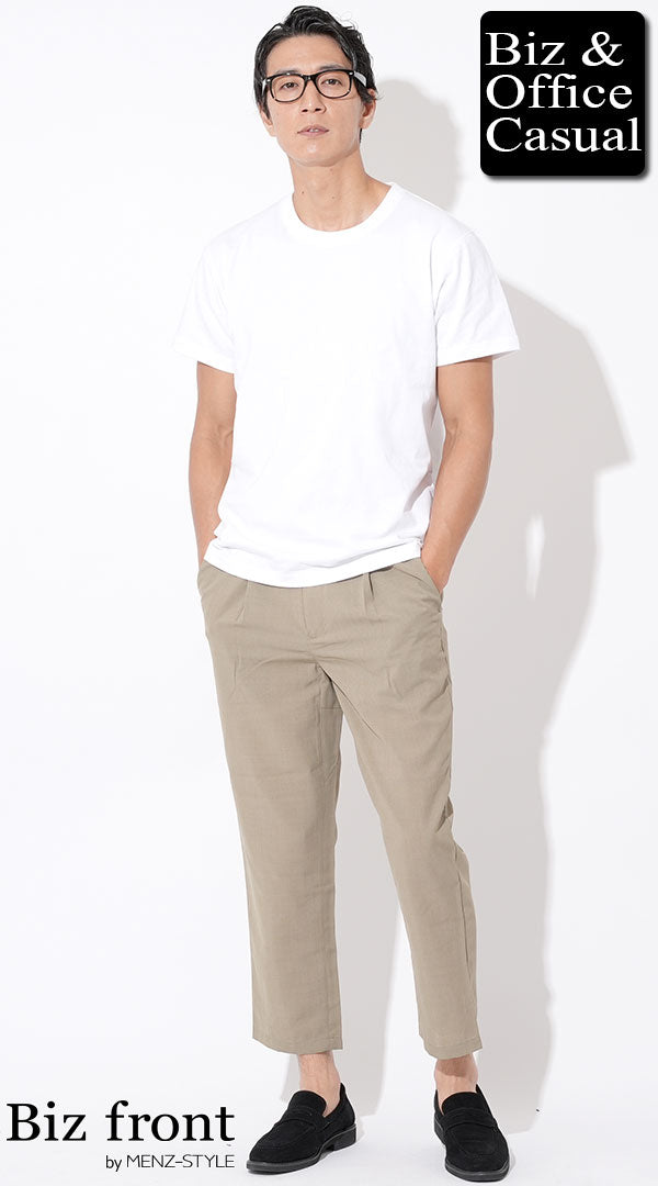 コーディネート例 白厚手半袖Tシャツ×カーキドライアンクルパンツ