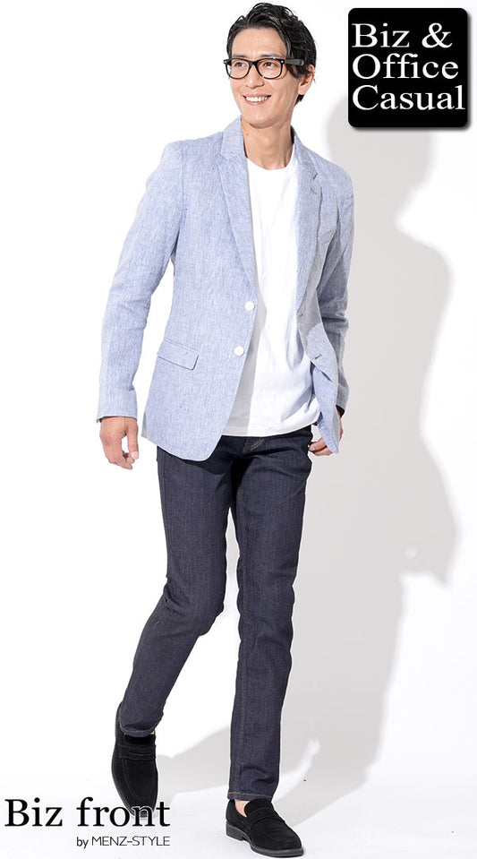 ブルーリネンテーラードジャケット×白襟高半袖Tシャツ×スリムストレッチデニムパンツ　biz22ss_4454