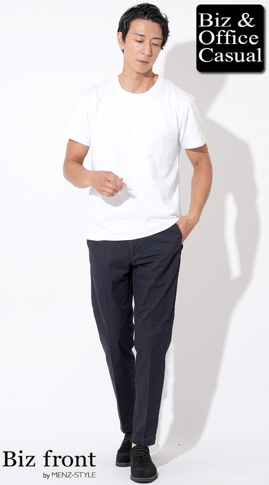 白厚手半袖Tシャツ×黒テーパードスラックスチノパン　biz22ss_4583