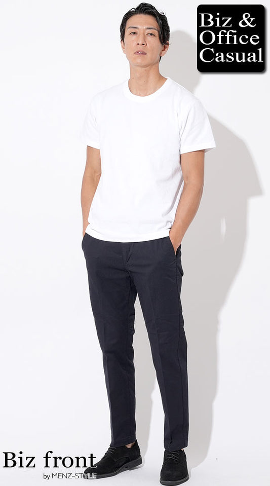 白厚手半袖Tシャツ×黒テーパードスラックスチノパン×黒スエードシューズ　biz22ss_4597