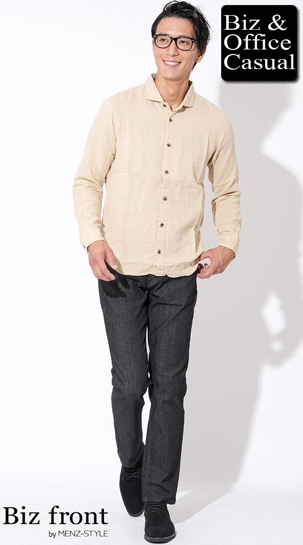 ベージュダブルガーゼシャツ×黒デニムパンツ×黒スエードシューズ　biz22aw_0460