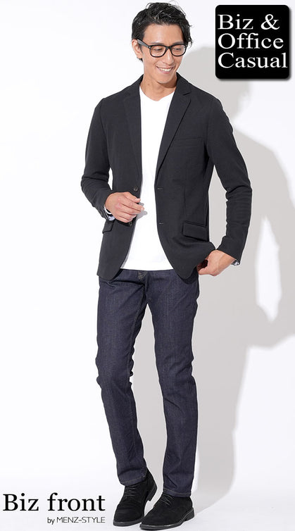 黒ジャケット メンズ ビジネスカジュアル 白T デニム コーディネート