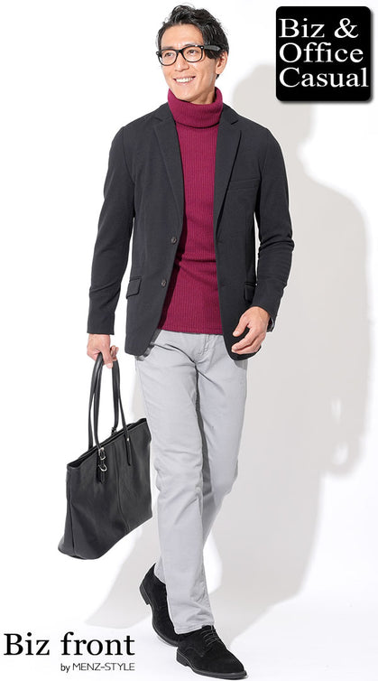 黒ジャケット メンズ ビジネスコーデ タートルネック グレーパンツ コーディネート