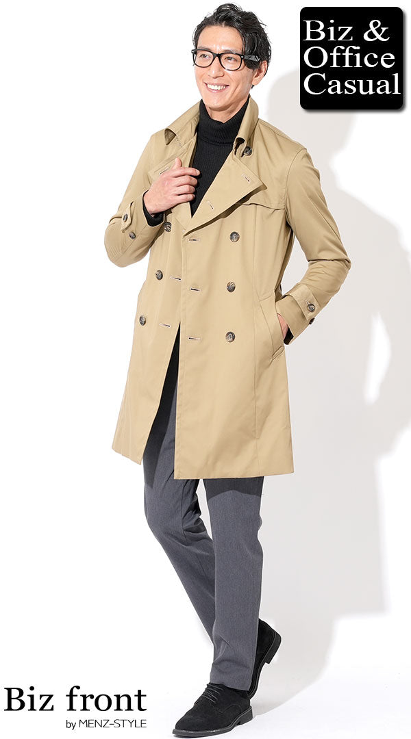 40代メンズにおすすめのトレンチコート×チャコールテーパードパンツの通勤コーデ