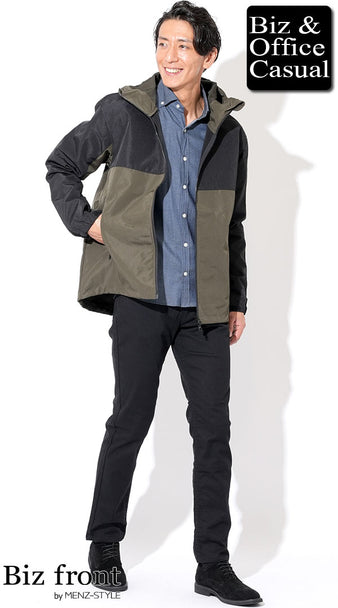 メンズにおすすめのデニムシャツとマウンテンパーカーを使ったアウトドアMIXの秋コーディネート