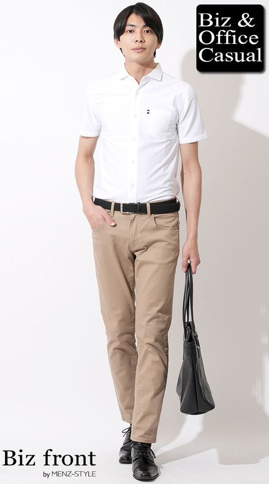 【20代】白シャツ型ポロシャツ×ベージュチノパン×メッシュベルト　biz23ss0132