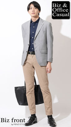 【20代】グレージャケット×ネイビー半袖シャツ×ベージュチノパン×黒革靴