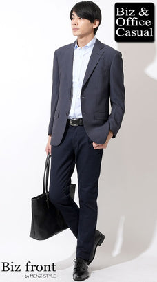 【20代】ネイビージャケット×半袖ブルーワイシャツ×ネイビーチノパン×黒革靴