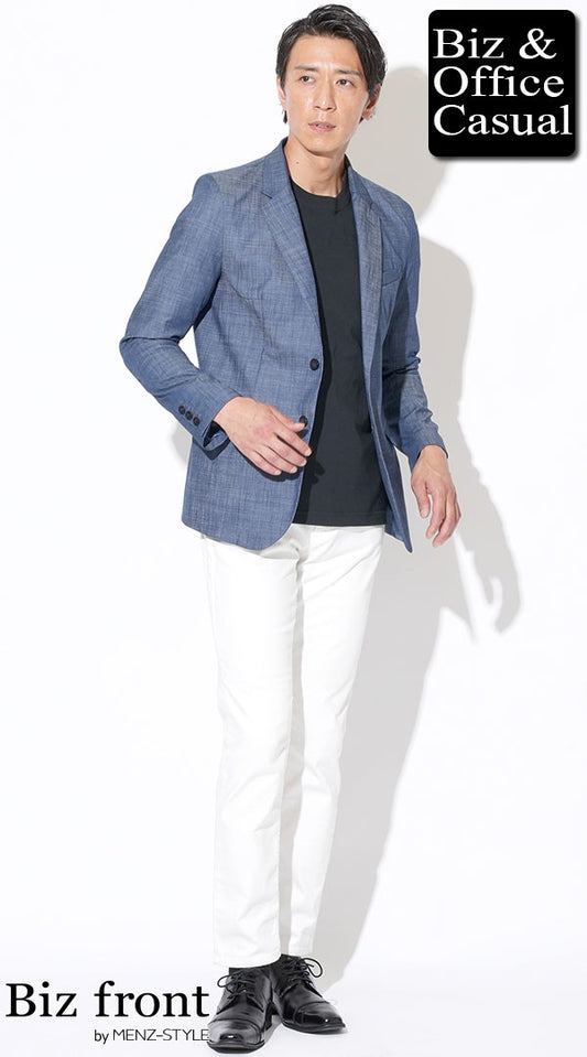 デニムテーラードジャケット×黒襟高半袖Tシャツ×白パンツ　biz23ss1022