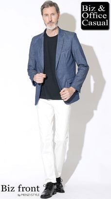 60代男性に似合う紺ジャケットコーデ例