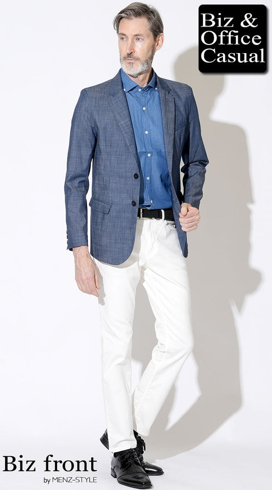 【60代】デニムジャケット×ライトブルーデニム半袖シャツ×白パンツ　タックインスタイル　biz23ss1299
