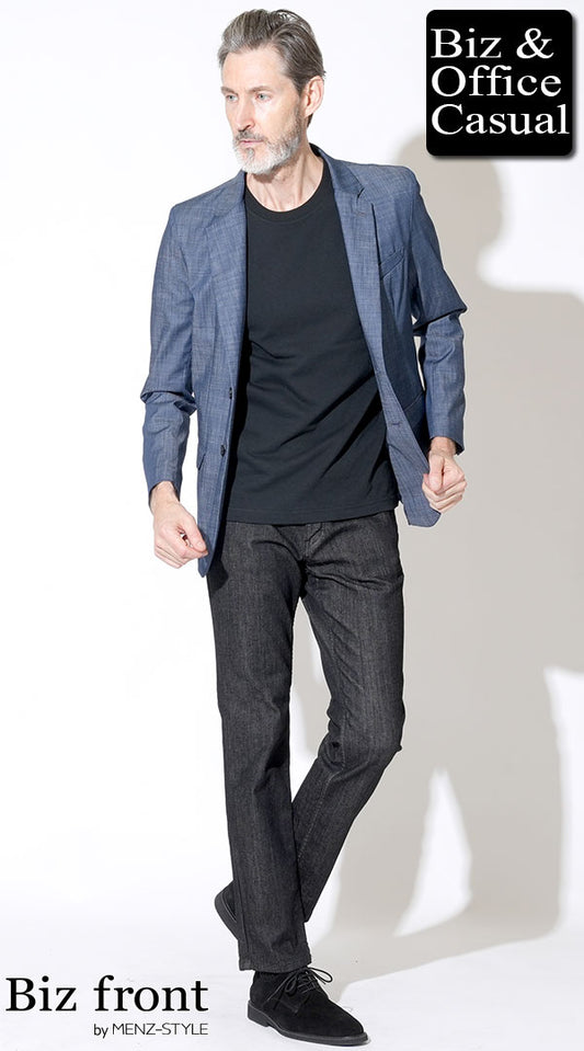 【60代】デニムテーラードジャケット×黒半袖Tシャツ×黒デニムパンツ　biz23ss1503