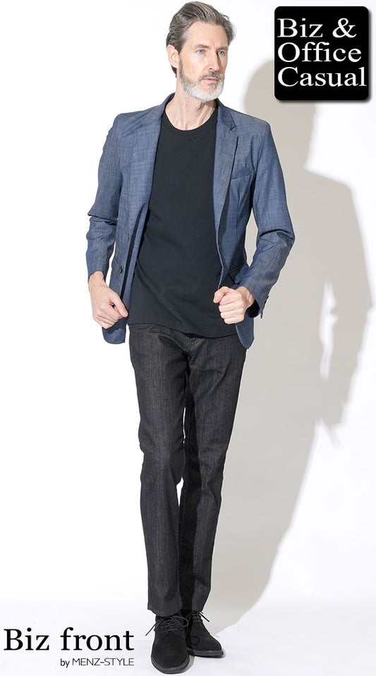 【60代】デニムテーラードジャケット×黒長袖Tシャツ×黒デニムパンツ　biz23ss1501