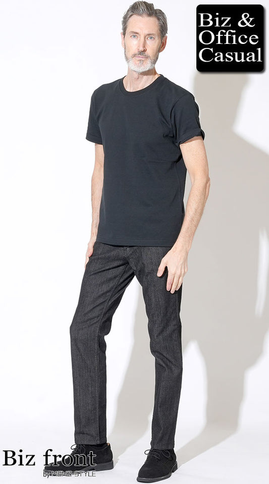 【60代】黒半袖Tシャツ×黒デニムパンツ×スエードシューズ　biz23ss1490
