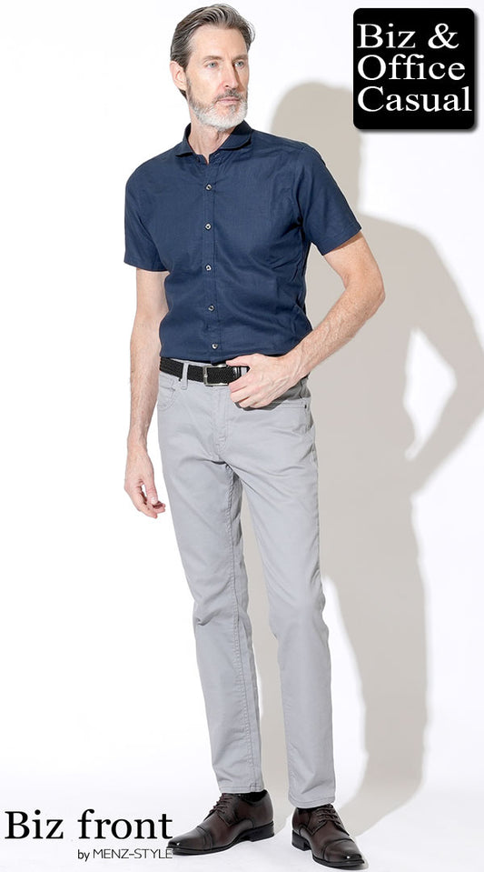 【60代】ネイビー麻半袖シャツ×グレーパンツ　シャツインスタイル　biz23ss1641
