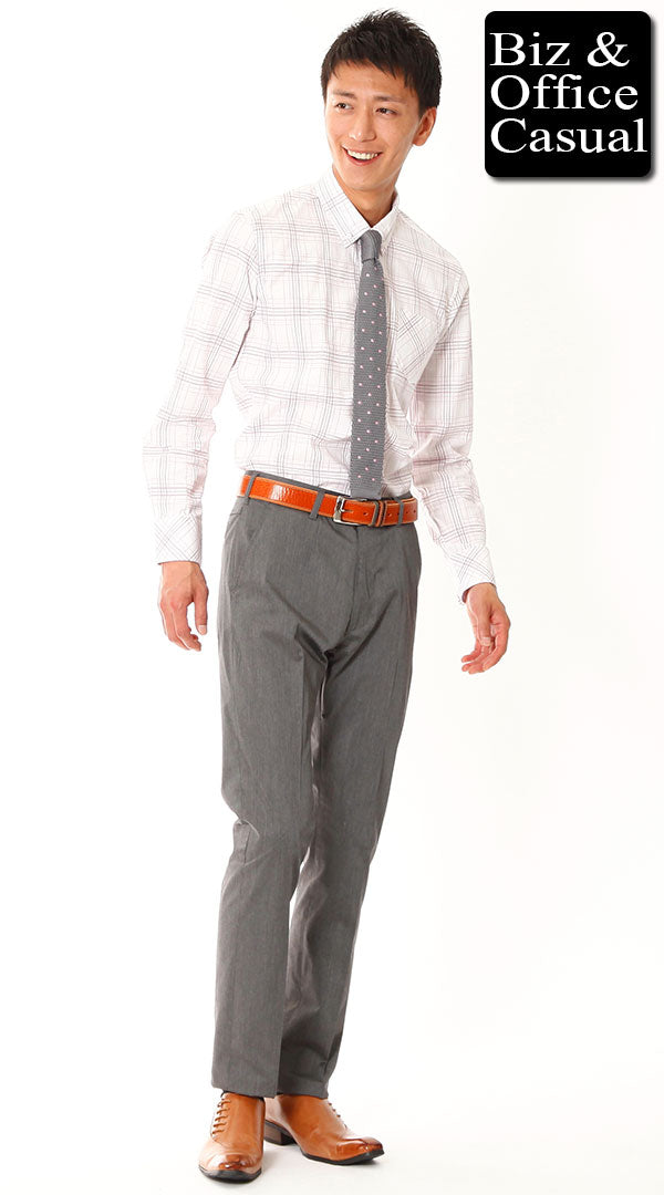 ピンクチェックシャツ×グレースラックス　biz14-15aw_0469