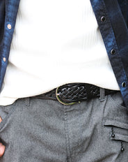 おしゃれな丸バックル本革レザー編み込みメッシュベルト