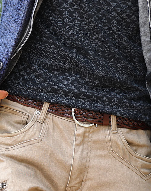 おしゃれな丸バックル本革レザー編み込みメッシュベルト