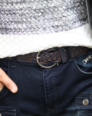 おしゃれな丸バックル本革レザー編み込みメッシュベルト