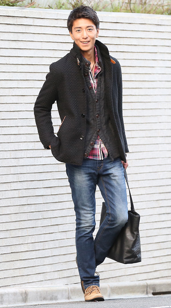 変わり織コート　スタンドニット　チェックシャツ　デニムパンツ　snp_aj1193