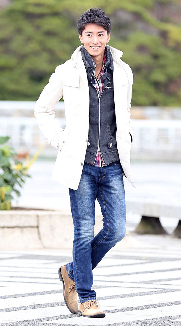 コート　カットジャケット　チェックシャツ　デニムパンツ　snp_al0864