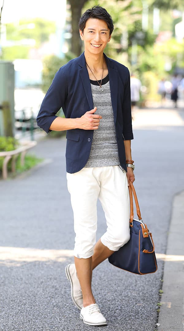 ネイビー七分袖テーラードジャケット　ニットソー　クロップド　snp_mg0297