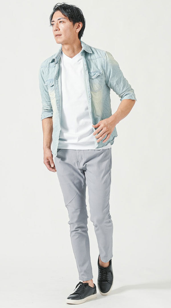 メンズ夏服トップス3点コーデセット　サックスブルー7分袖デニムシャツ×白半袖Tシャツ×黒半袖Tシャツ