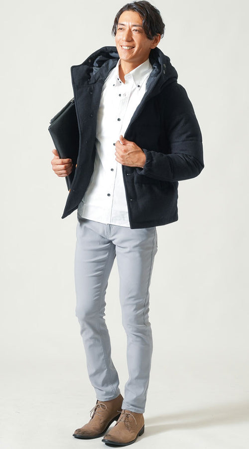 メンズにおすすめの白シャツと黒アウターのちょいワルコーデ