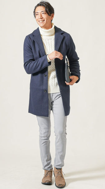 メンズのグレースリムチノとネイビーチェスターの冬コーデ