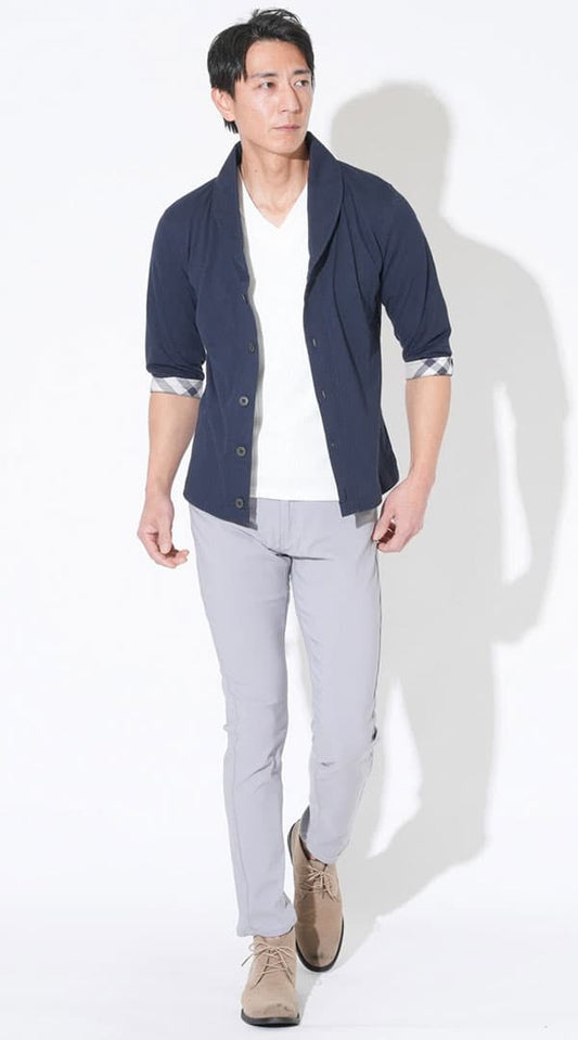 ネイビークールマックスショールカラー7分袖ジャケット　白ランダムテレコVネック無地Tシャツ　グレースキニーカラーチノパンツ　ベージュブーツ　snp_qs0083