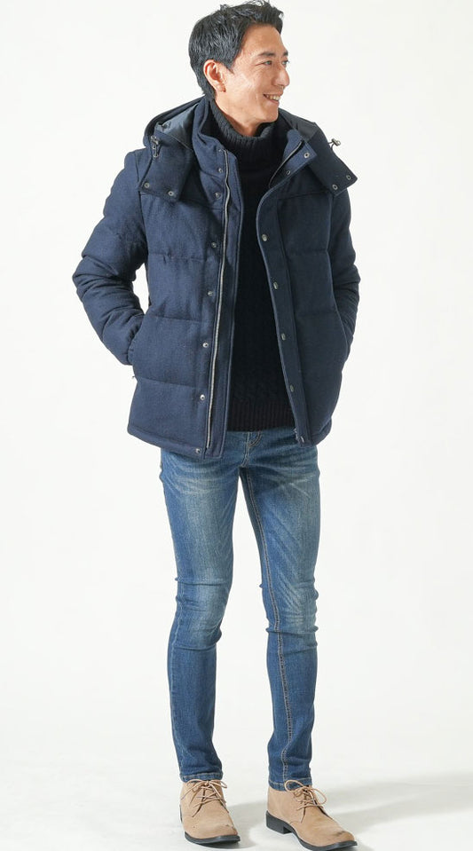 ダウンジャケット　タートルネックニット　デニムパンツ　snp_qg0097