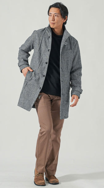 メンズにおすすめのモックネックとグレンチェックコートの冬コーデ