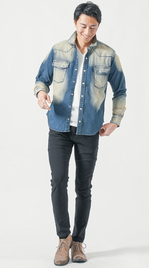 デニムシャツを使った万能コーデ